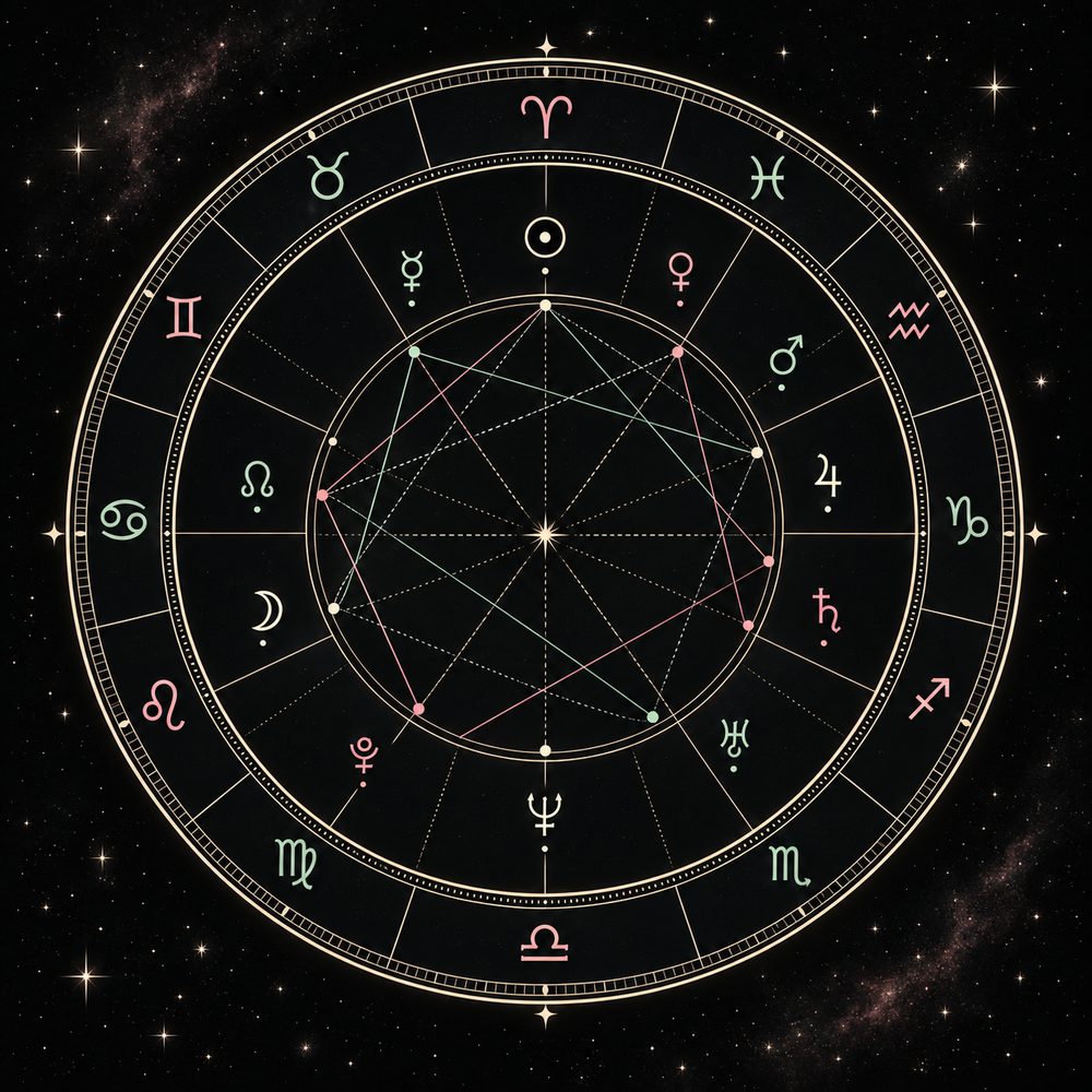 Roue d’un thème astral avec signes, maisons, planètes et aspects