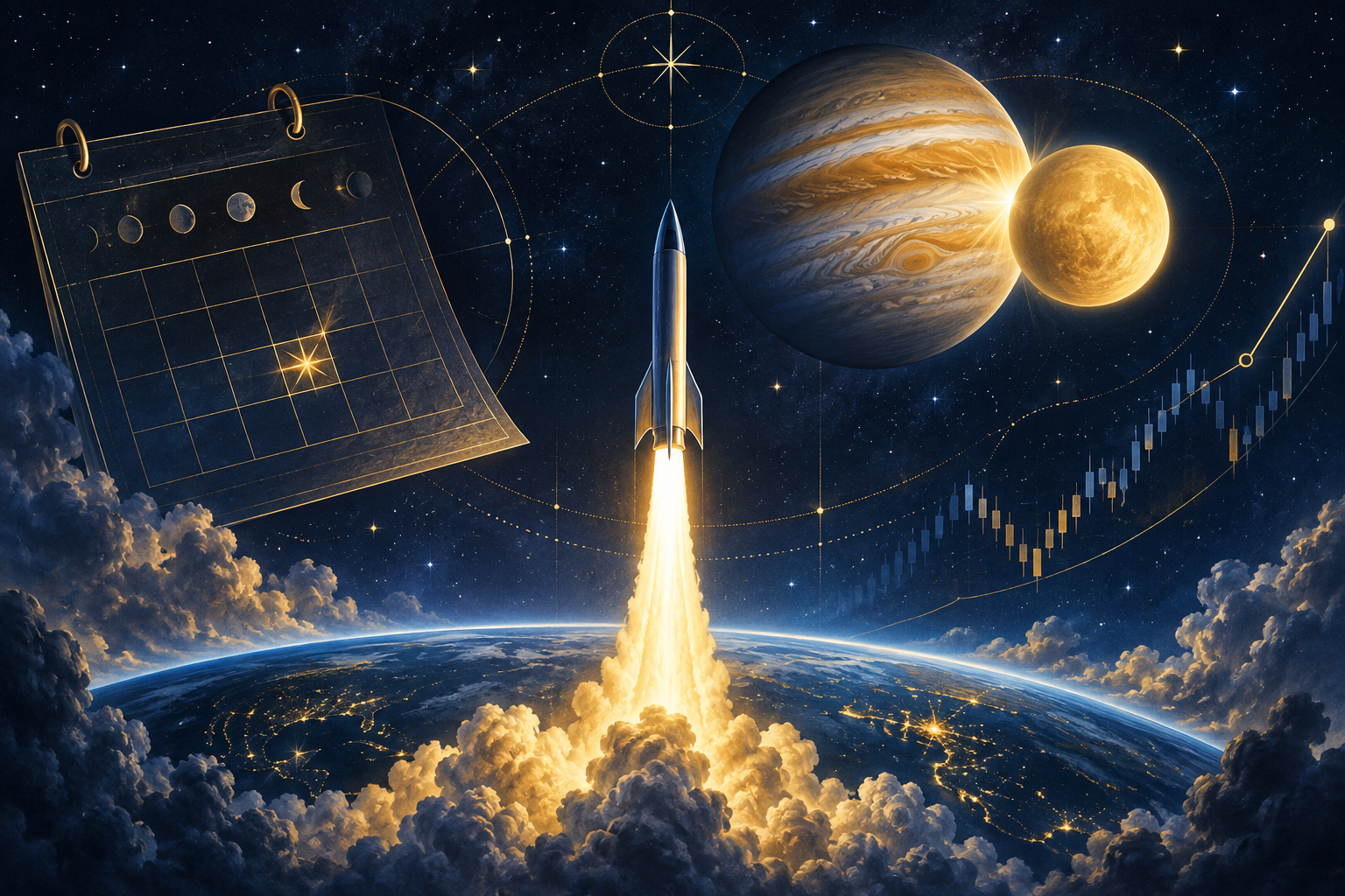 A stylized rocket rising beneath Jupiter and Venus, with a calendar and financial chart in the stars