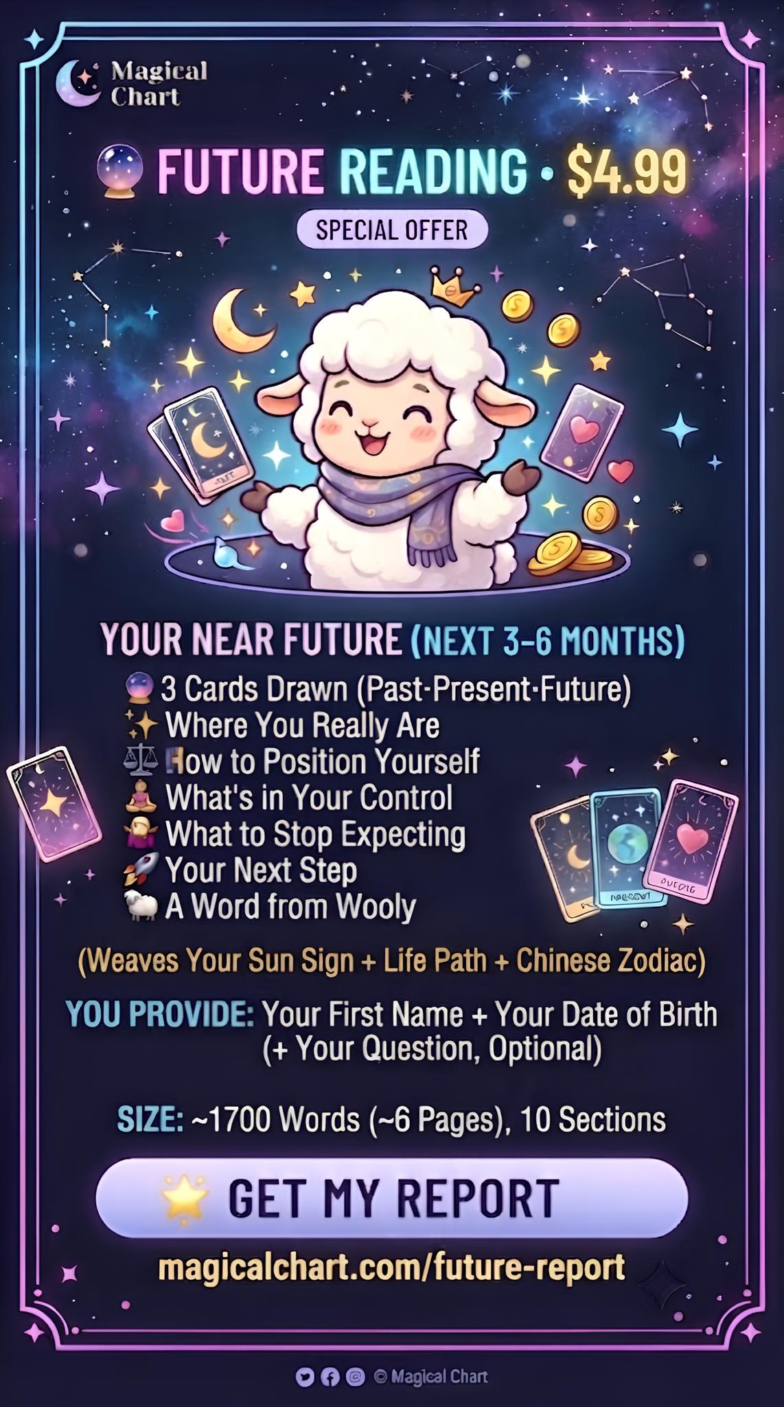 Future Reading by Wooly — $4.99: your near future in 3 cards (past, present, future), where you really are, how to position yourself, and your next step.