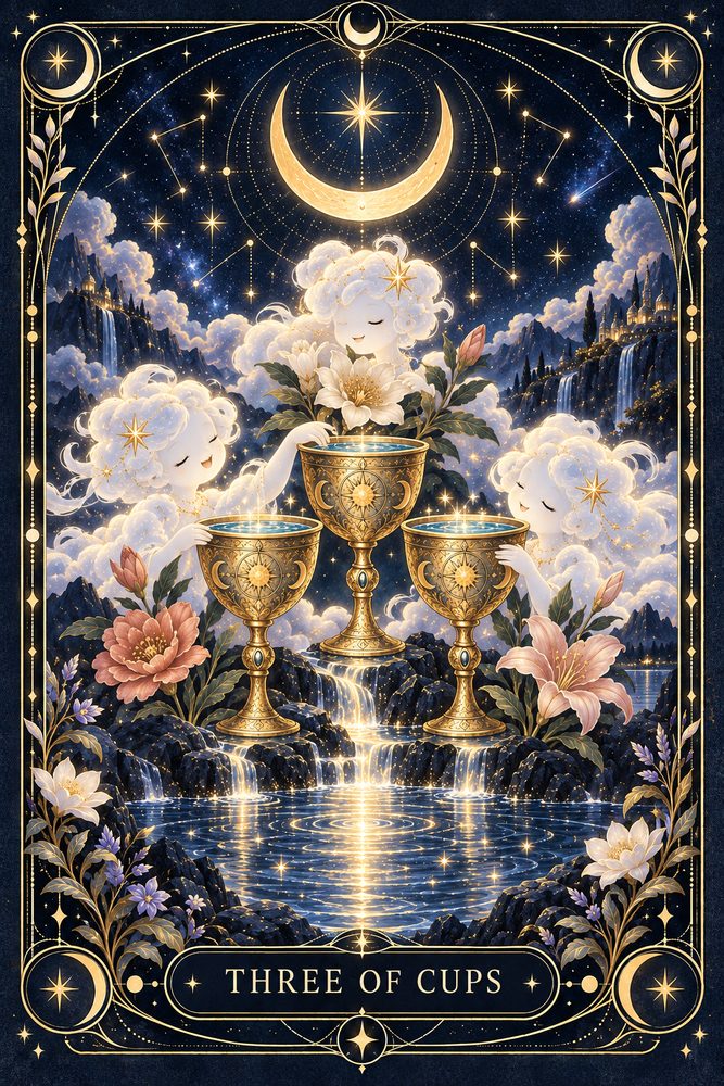 Trois de Coupes du jeu de tarot illustré de Wooly