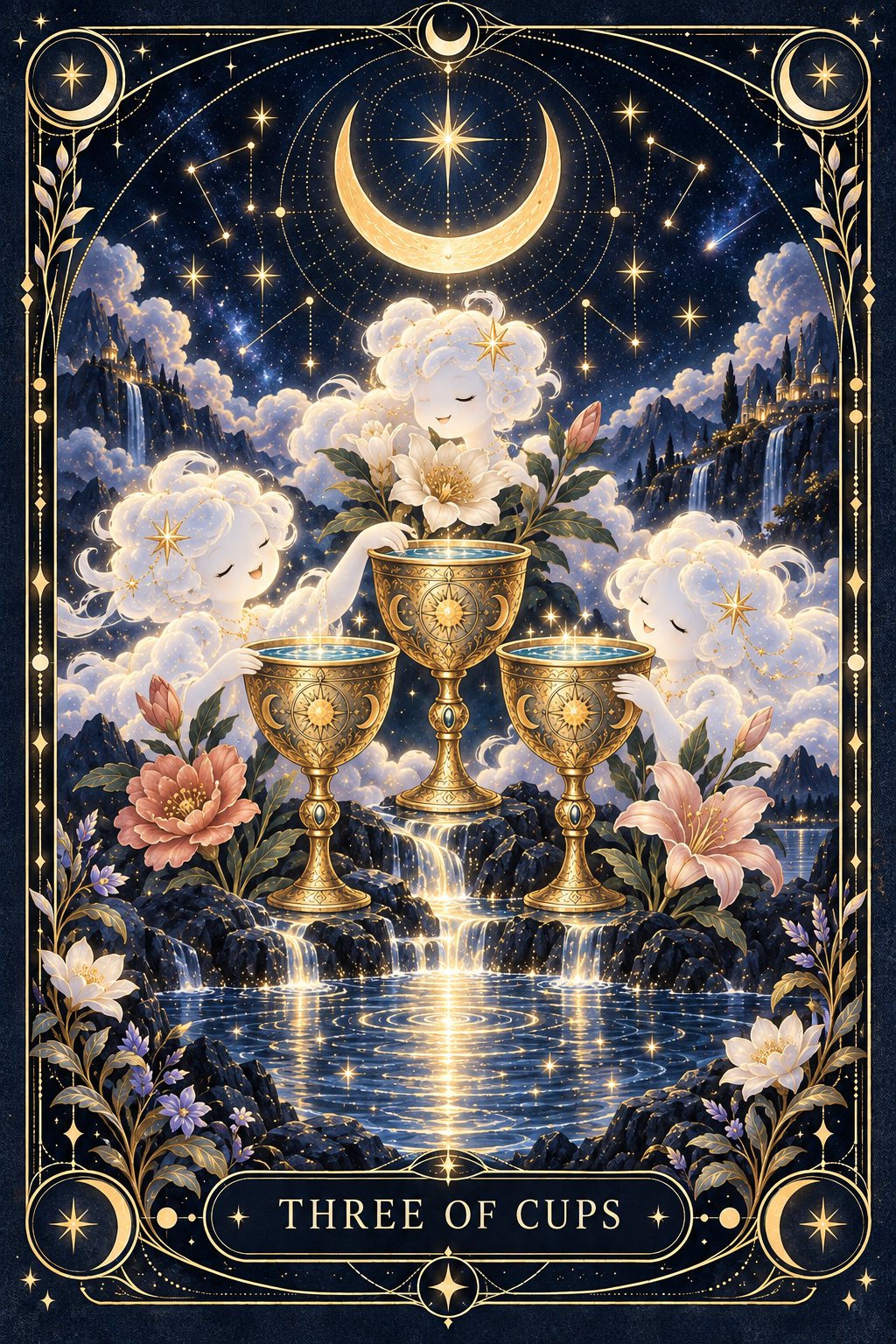 Three of Cups from Wooly’s illustrated deck