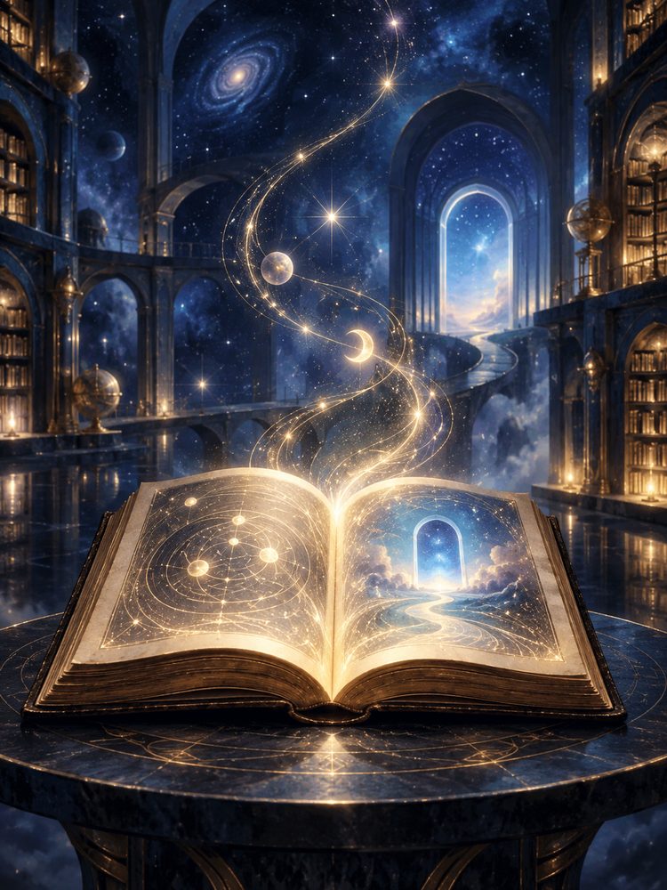 Un livre ouvert sous un ciel étoilé